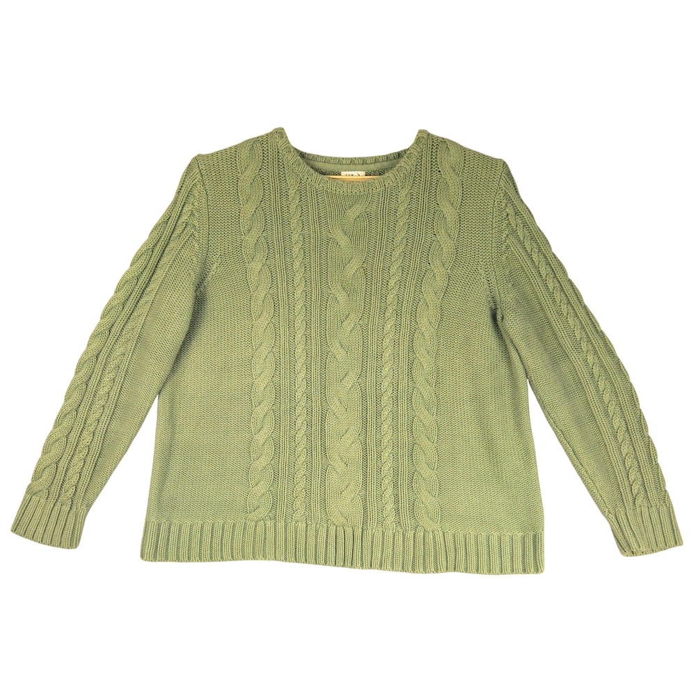 LL Bean Womens 2X Plus Sage Green Cotton Cable Knit Crewneck Sweater 518574